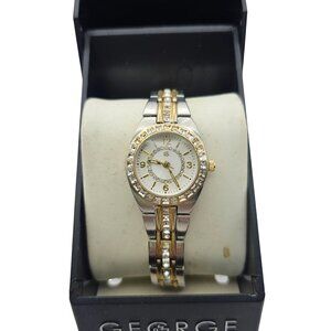 George Two-Tone Gold Silver Quartz Watch Rhinestone Accents Needs New Battery